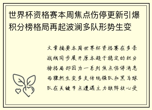 世界杯资格赛本周焦点伤停更新引爆积分榜格局再起波澜多队形势生变 世界杯资格赛本周焦点伤停更新引爆积分榜格局再起波澜多队形势生变