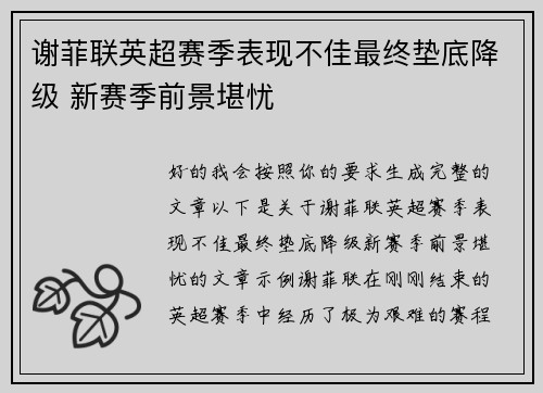 谢菲联英超赛季表现不佳最终垫底降级 新赛季前景堪忧 谢菲联英超赛季表现不佳最终垫底降级 新赛季前景堪忧